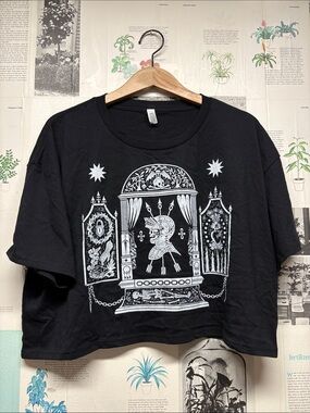 Black Cropped Graphic Tee with White Illustration - While Odin Sleeps